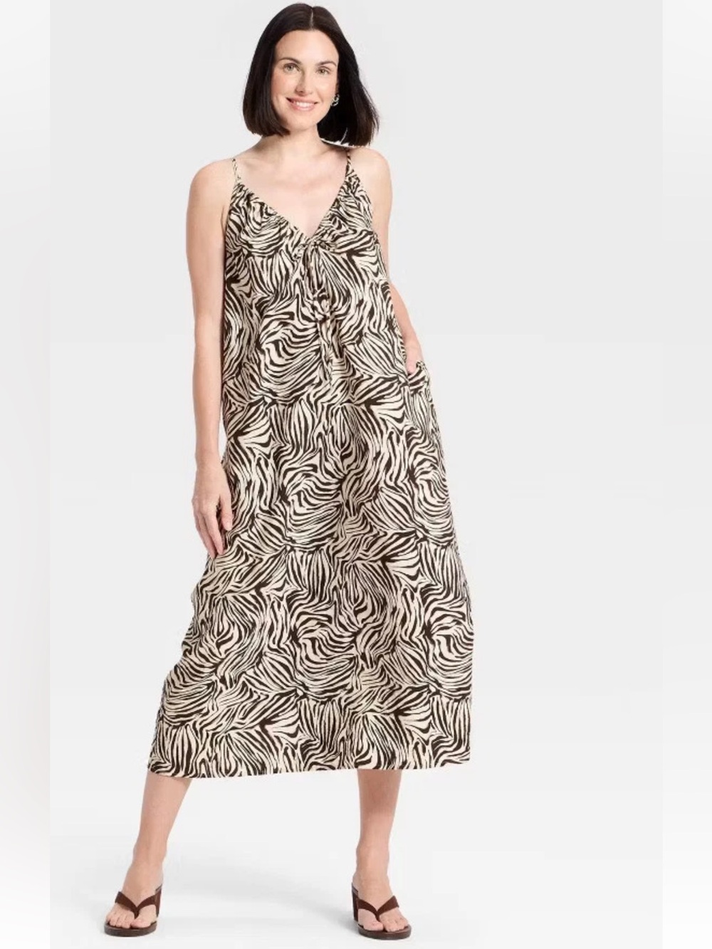 Zebra Print V-Neck Spaghetti Strap Midi Dress - Brown & Cream
